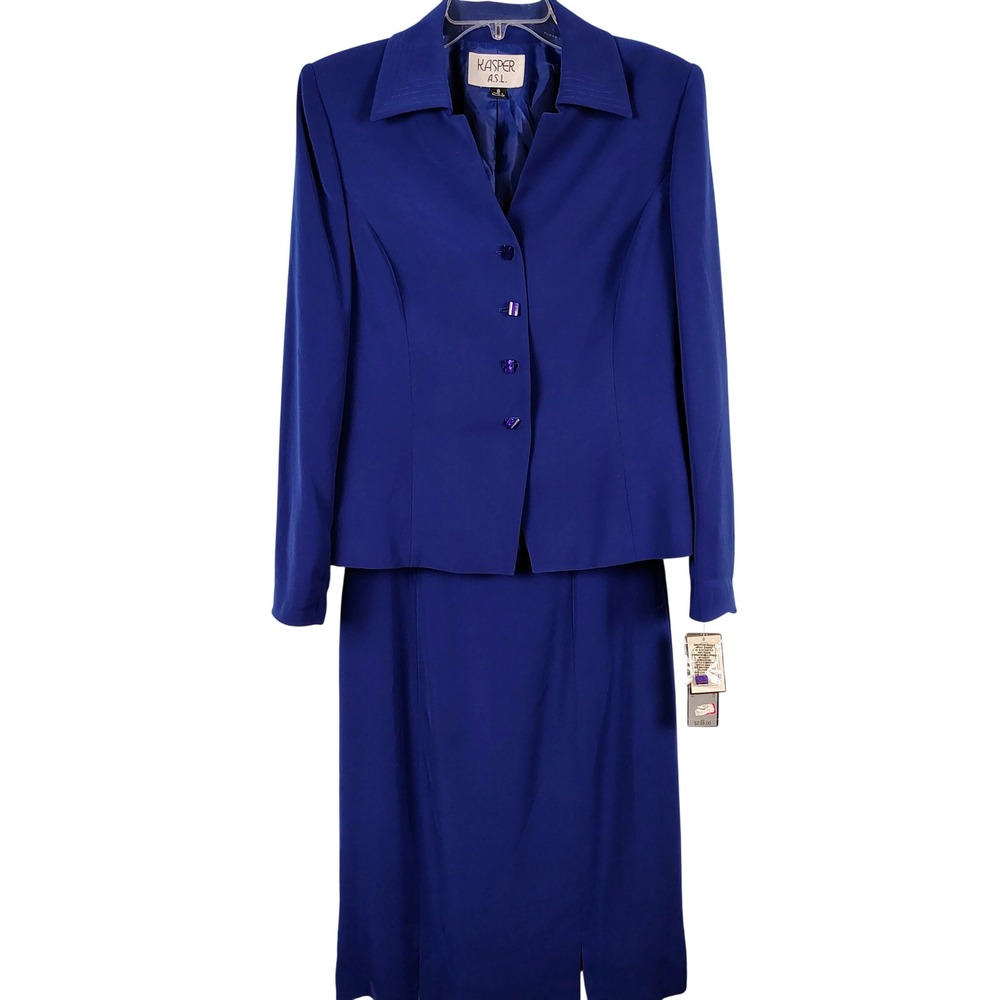 NWT Kasper Womens SZ 8 Chagall Skirt Suit Set Blue polyester Office Siren